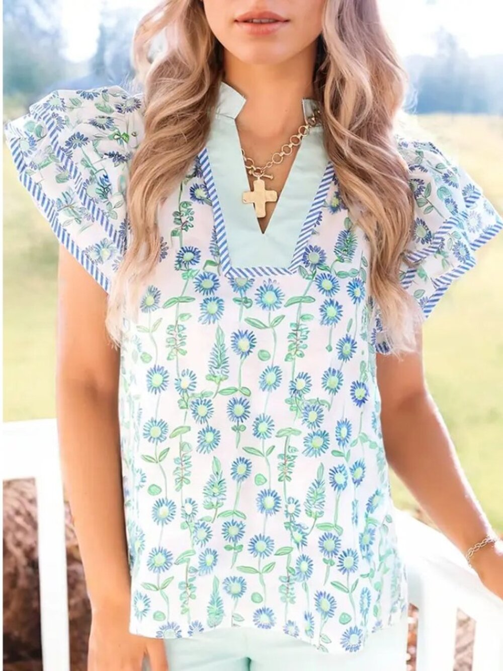 Blue & Green Floral V Neck Ruffle Sleeve Top